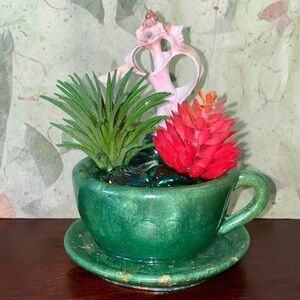 Green Teacup Planter with Imitation Succulents